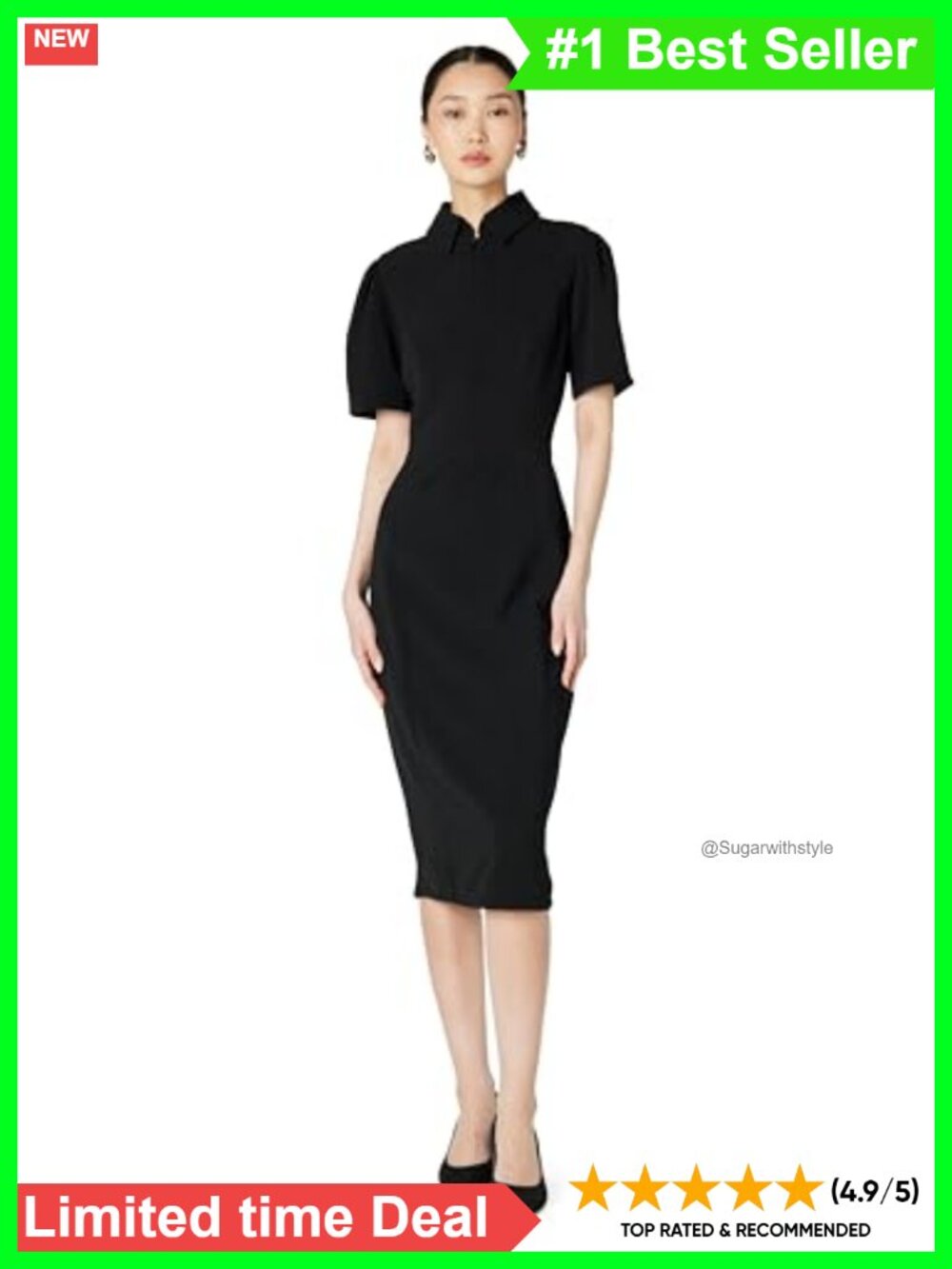 Collared Zip Neck Short Sleeve Bodycon Midi Dress Contemporary Sheath